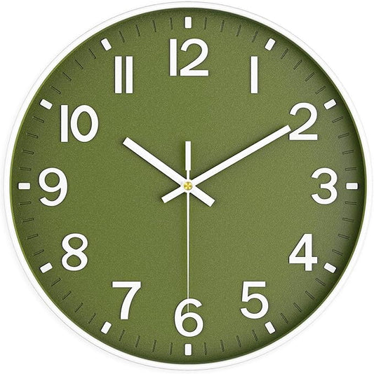 Wall Clocks Battery Operated, 12 Inch Non Ticking Wall Clock, Silent Analog Clock for Bedroom Living Room Kitchen Office Gym Classroom Decor, Large Number Clocks for Seniors, Olive Green