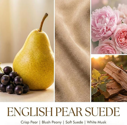 HomeLights Soy Wax Candles for Home Scented, 4-Wick Candles in English Pear & Suede Scented, Aromatherapy Candles Gift for Parties, Relaxing, Bohemian Natural Textures, 18oz
