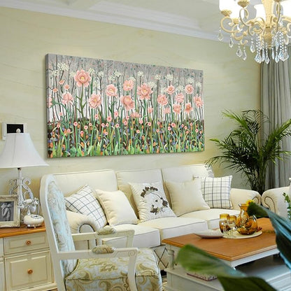 amatop Extra Large Floral Wall Picture for Living Room Modern Botanical Canvas Prints Flower Field Wall Decor Abstract Nature Art Wildflower Garden Pink Green Stretched Artwork Bedroom Office 58x29 in