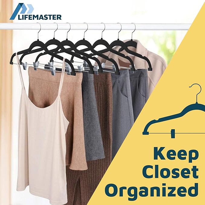 Velvet Skirt Hangers – with Adjustable Clips, 360 Degree Swivel Hook, and Non-Slip Shoulder Notch, Holds Up to 10 lbs, for Organizing Skirt, Pants, Dress, and Clothes, Pack of 30, Black