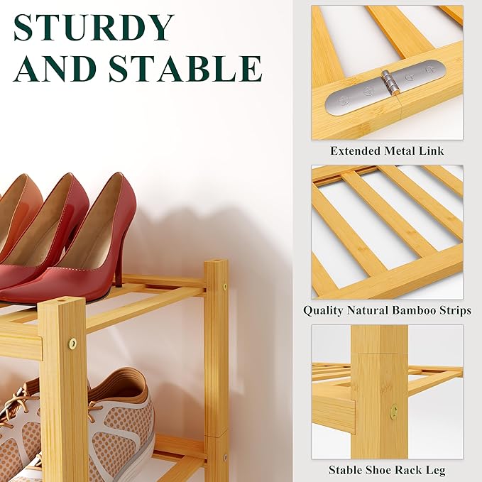 Smiry Bamboo Shoe Rack for Closet, 4 Tier Wooden Stackable Shoe Organizer, Free Standing Shoes Storage Shelf for Entryway, Front Door Entrance, Natural
