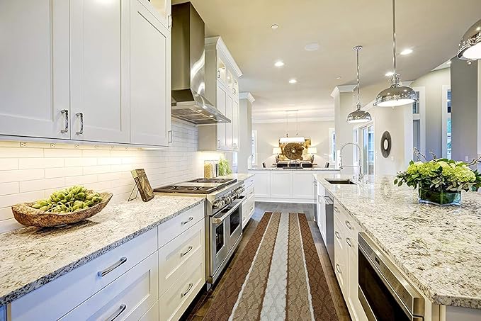 Custom Cut Hallway Runner Rug, Slip Resistant, 31 Inch Wide X Your Choice of Length, Damask Beige, 31 Inch X 27 feet