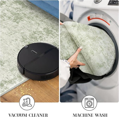 Modern Abstract Hallway Runner Rug, Sage Green Grey 2x8 Runner Rug, Washable Kitchen Runner Non-Slip Soft Thin Print Faux Wool Carpet for Entryway Bedroom Laundry Room Indoor