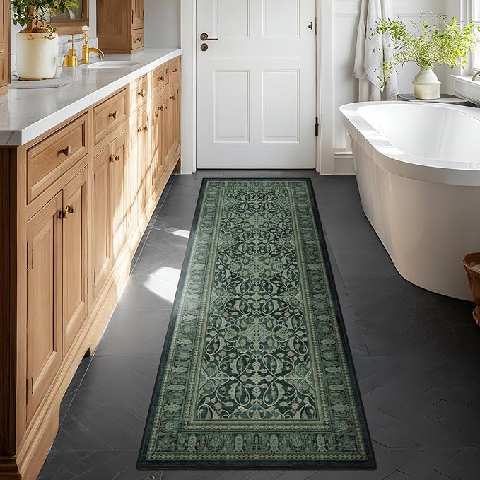 Dark Green Rug Runners for Hallways 2x6, Vintage Boho Entry Rug with Floral Moroccan Pattern Printed for Kitchen Bathroom, Washable Non Slip Runner Low Pile Thin for Laundry Room Bedside