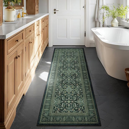 Dark Green Rug Runners for Hallways 2x6, Vintage Boho Entry Rug with Floral Moroccan Pattern Printed for Kitchen Bathroom, Washable Non Slip Runner Low Pile Thin for Laundry Room Bedside