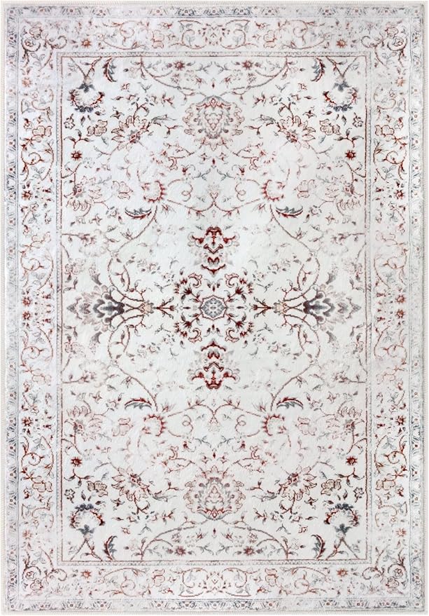 KILOCOCO Area Rug 5x7 Living Room Rug Washable Printed Vintage Floral Non Slip Soft Rubber Backed Indoor Bedroom Rugs for Laundry Room Kitchen Playroom Moroccan Area Rugs, White