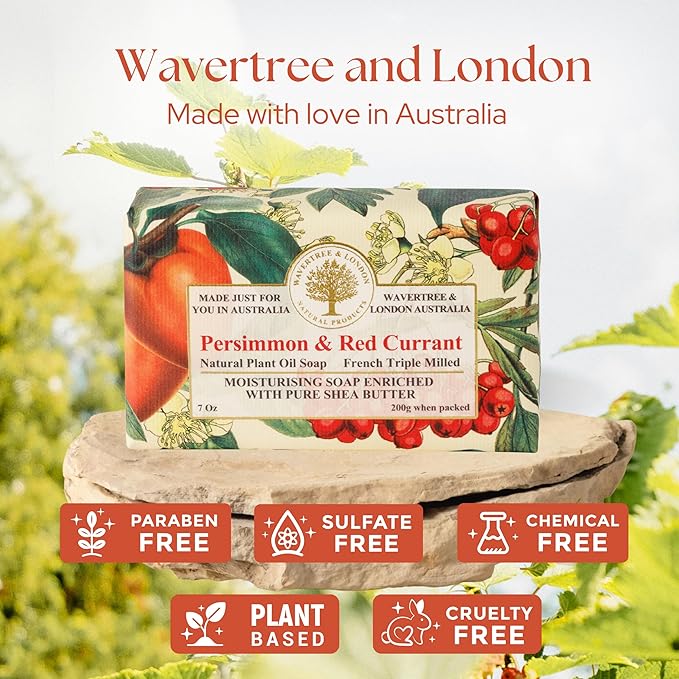 Wavertree & London Persimmon & Red Currant Scented Natural Soap Bar, 7oz Moisturizing French Triple Milled Soap Bar for Women & Men Enriched with Organic Shea Butter, Pure Bath & Body Soap (1 Bar)