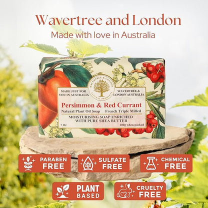 Wavertree & London Persimmon & Red Currant Scented Natural Soap Bar, 7oz Moisturizing French Triple Milled Soap Bar for Women & Men Enriched with Organic Shea Butter, Pure Bath & Body Soap (1 Bar)