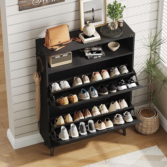 Vabches Shoe Storage Cabinet with 2 Flip Drawers,Freestanding Narrow Shoe Organizer with Open Storage,Hidden Slim Shoe Rack Cabinet for Entryway,Hallway,Black