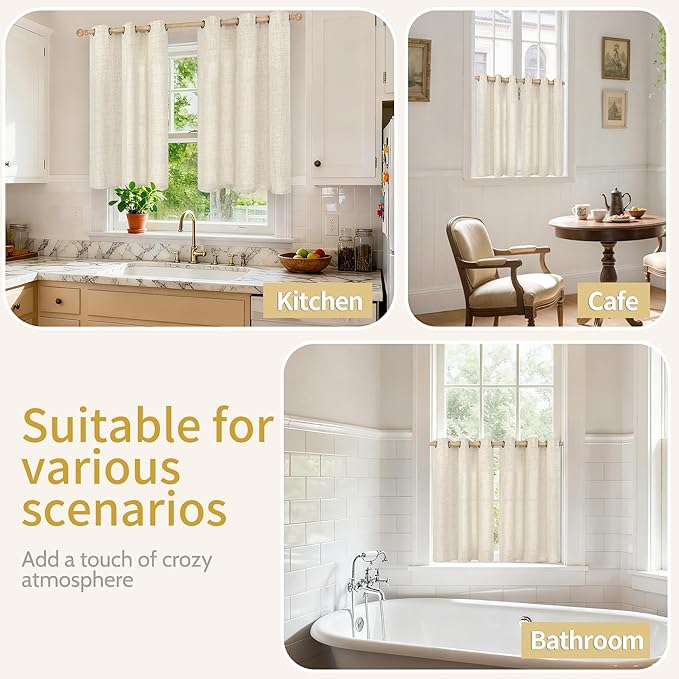 YoungsTex Linen Kitchen Window Curtains 40 Inches Long, Short Drapes Light Filtering with Bronze Grommet Rustic Semi Sheer for Bathroom Small Windows, 42 x 40 Inch, 2 Panels