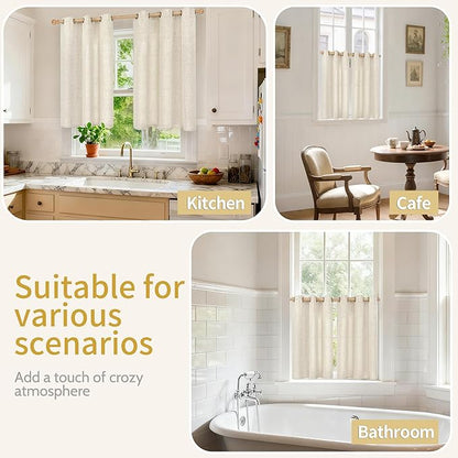 YoungsTex Linen Kitchen Window Curtains 48 Inch Length with Grommet, Short Light Filtering Drapes Semi Sheer Privacy for Bathroom Cafe Window, 34 x 48 Inch, 2 Panels