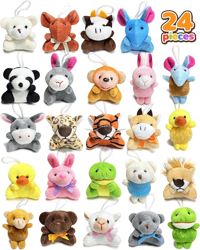 24 Pack Mini Stuffed Animals, Small Plush Keychain Party Favors for Kids 3-5, 4-8, 8-12, Bulk Treasure Box Toys for Classroom Prizes, Valentines Day School Gifts, Goodie Bags Stuffers