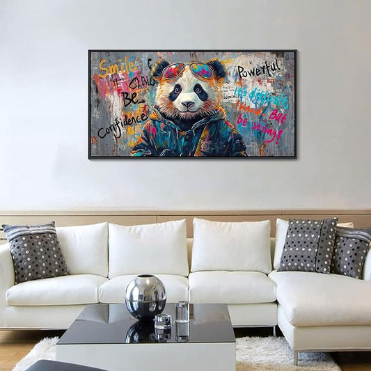 JEAWA Graffiti Abstract Wall Art, Cute Panda Street Cool Pop Framed Canvas Animal Paintings for Living Room Bedroom Bathroom Teenage Boy Game Room Inspirational Picture Wall Decor 20x40 IN