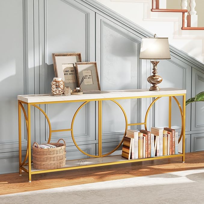 GOFLAME 71” Extra Long Console Table, 2-Tier Faux Marble Entryway Table with Storage Shelf, Geometric Metal Frame, Modern Gold Accent Table, Narrow Sofa Table for Living Room, Hallway