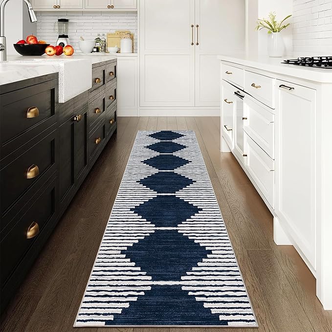 HelloTree Hallway Runner Rug，2x8 Moroccan Modern Stripe Carpet Washable Machine Bathroom Runner Bohemian Design Modern Soft Non Slip Indoor Rug for Entryway Hallway Laundry Room Bedroom-Blue