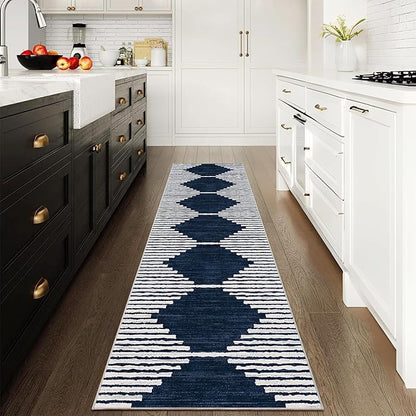 HelloTree Hallway Runner Rug，2x8 Moroccan Modern Stripe Carpet Washable Machine Bathroom Runner Bohemian Design Modern Soft Non Slip Indoor Rug for Entryway Hallway Laundry Room Bedroom-Blue