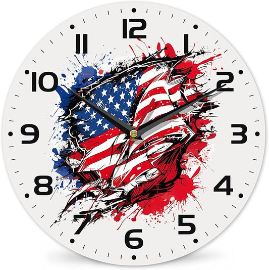 American Flag Street Art Style Wall Clock Silent Non-Ticking Battery Operated Clock 10 Inch, Home Decor for Living Room, Kitchen, Bedroom and Office