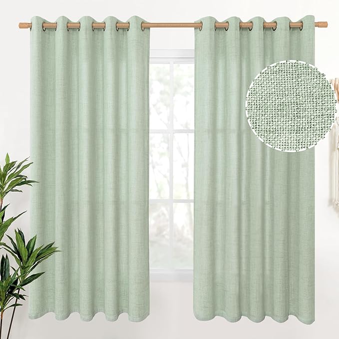 YoungsTex Sage Linen Curtains for Window 63 Inch Length with Bronze Grommet, Privacy Light Filtering Textured Drapes for Bedroom Living Room Office Country Rustic Decorative, 60 x 63 Inch, 2 Panels
