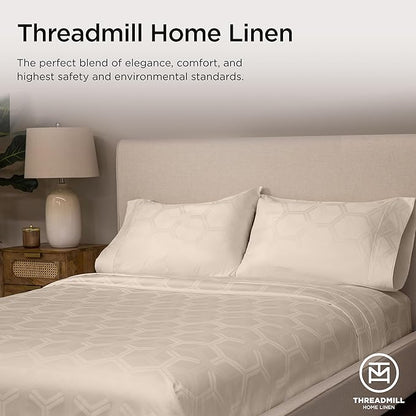 Threadmill 100% Cotton Sheets for King Size Bed - 600 Thread Count King Bed Sheets Set with 16” Deep Pocket - Jacquard Sateen Weave 4-Piece Bedding Set with Cooling Effect, Beige