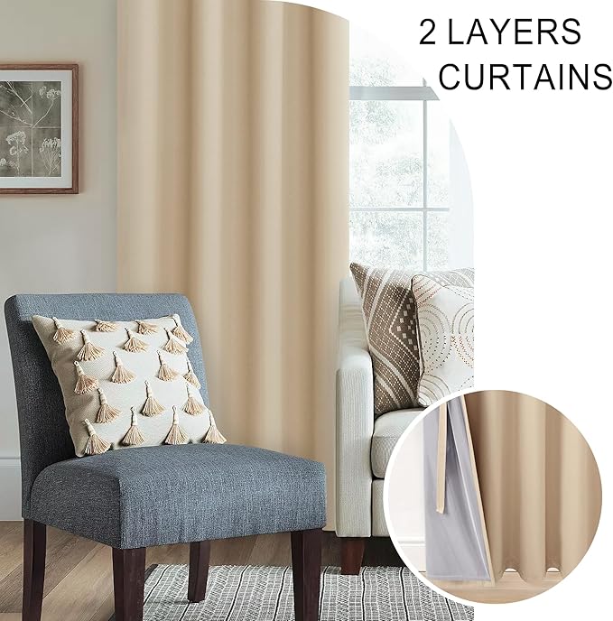 XWZO 100% Blackout Window Curtains with Tiebacks- Privacy Protection & Noise Blocking Window Draperies Grommet Top with Black Liner for Bedroom/Living Room, Biscotti Beige, W52 x L72, Set of 2 Panels