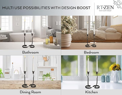 RTZEN Decorative Taper Candle Holders - Modern Wrought Iron Blacksmith Large Farmhouse Candlestick Holders Stand 2 Pack Set - Black Tall Candle Holder for Table Centerpieces at Home or Events