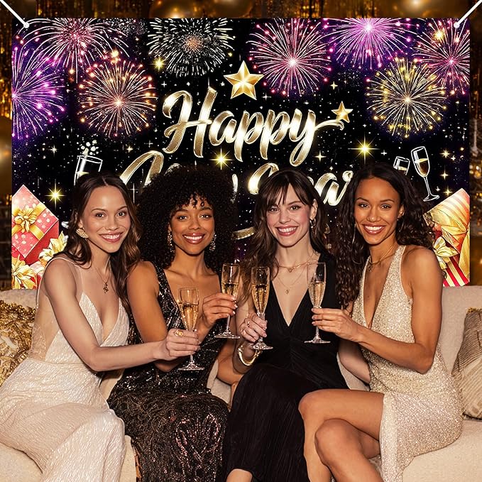 Happy New Year Backdrop Gold Glitter Champagne Glasses Fireworks Gift Boxes Banner 71x43 Inches Sparkling Black Background for 2026 New Year Eve Party Indoor Outdoor Decoration