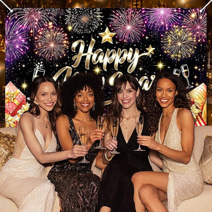 Happy New Year Backdrop Gold Glitter Champagne Glasses Fireworks Gift Boxes Banner 71x43 Inches Sparkling Black Background for 2026 New Year Eve Party Indoor Outdoor Decoration