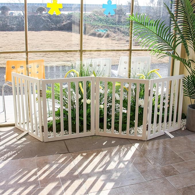 Dog Gate Indoor, Freestanding Dog Fence for The House, Doorways, Hallways,or Stairs,Pet Gate Foldable Wooden,Expandable 24" Height 4 Panels,White