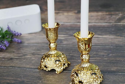 Taper Candle Holders with Deluxe Engraved Design, Set of 2 Premium Candlestick Holders in Gold