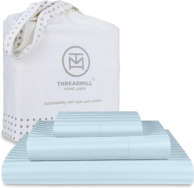 Threadmill 100% Cotton Sheets for Twin XL Size Bed - 600 Thread Count Twin XL Bed Sheets Set with 15” Deep Pocket - Damask Stripe Sateen Weave 3-Piece Bedding Set with Cooling Effect, Blue