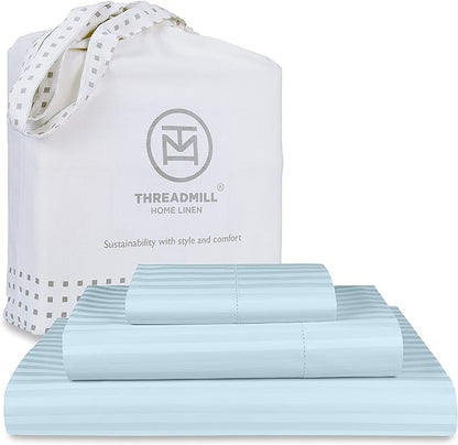 Threadmill 100% Cotton Sheets for Twin XL Size Bed - 600 Thread Count Twin XL Bed Sheets Set with 15” Deep Pocket - Damask Stripe Sateen Weave 3-Piece Bedding Set with Cooling Effect, Blue