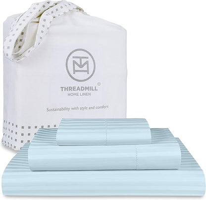 Threadmill 100% Cotton Sheets for Twin Size Bed - 600 Thread Count Twin Bed Sheets Set with 15” Deep Pocket - Damask Stripe Sateen Weave 3-Piece Bedding Set with Cooling Effect, Blue