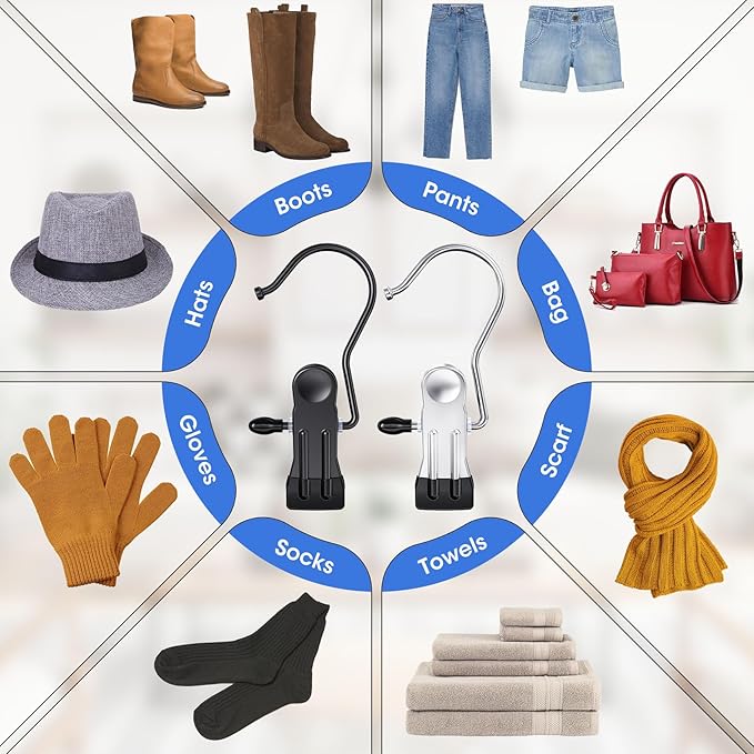 100 Pack Boot Hangers Clips for Closet, Heavy Duty Legging Organizer for Closet Hanging Pants Hangers with Clips Clothes Pins Hanger Clips Laundry Hooks Towel Socks Hats Tall Boots Home Travel Silver