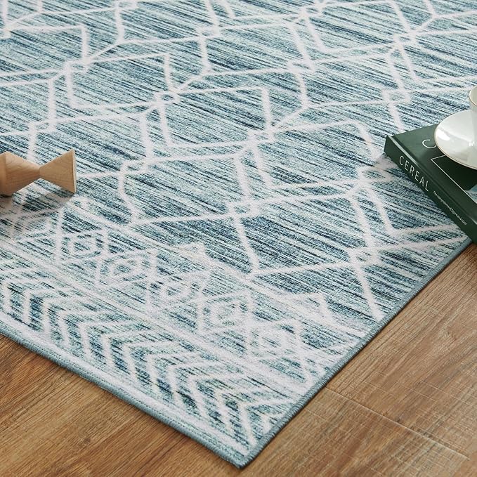 jinchan Moroccan Runner Rug 3x7 - Kitchen Machine Washable Runner Rug Modern Geometric Low-Pile Lightweight Non-Slip Carpet for Entryway Hallway Laundry Room Bedroom Bedside (3x7ft, Teal Blue)
