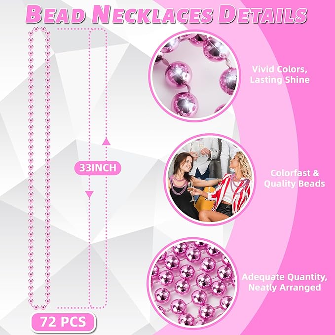 YAXINRUI 72 PCS Pink Bead Necklace, Pink Mardi Gras Beads, Cancer Awareness Beaded Necklaces, Valentine Necklace, 33 Inch Round Party Beads for Mardi Gras Christmas Cancer Awareness Month Events