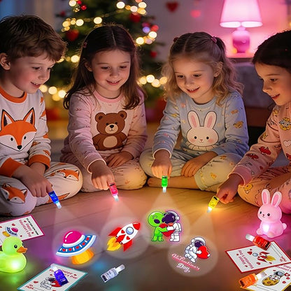 24 Pack Valentine's Day Space Gifts for Kids, Valentines Cards with LED Finger Lights Glow in the Dark, Classroom Exchange Prize, Goodie Bag Stuffers, Valentine Party Favors for Boys Girls