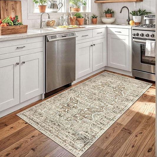 KUTA Vintage Floral Rug 3x5, Area Rugs for Living Room Beige Brown Washable Kitchen Carpet Non-Slip, Ultra Soft Printed Distressed Vintage Entry Low-Pile Throw for Living Room Dorm Décor