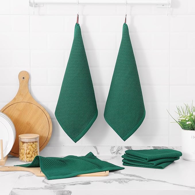 Kitinjoy 100% Cotton Kitchen Dish Cloths, 8 Pack Waffle Weave Ultra Soft Absorbent Dish Towels for Drying Dishes Quick Drying Kitchen Towels Dish Rags, 12 X 12 Inches, Dark Green