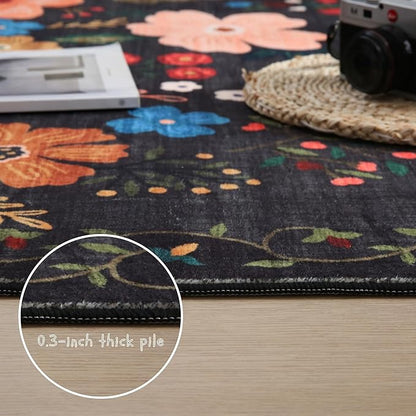 Rugcomf Round Rug 6ft Washable Circle Rug Non Slip Low Pile Boho Floral Small Circular Rug for Bedroom, Bathroom, Entryway, Kids Room, Office, College Dorm(Black)