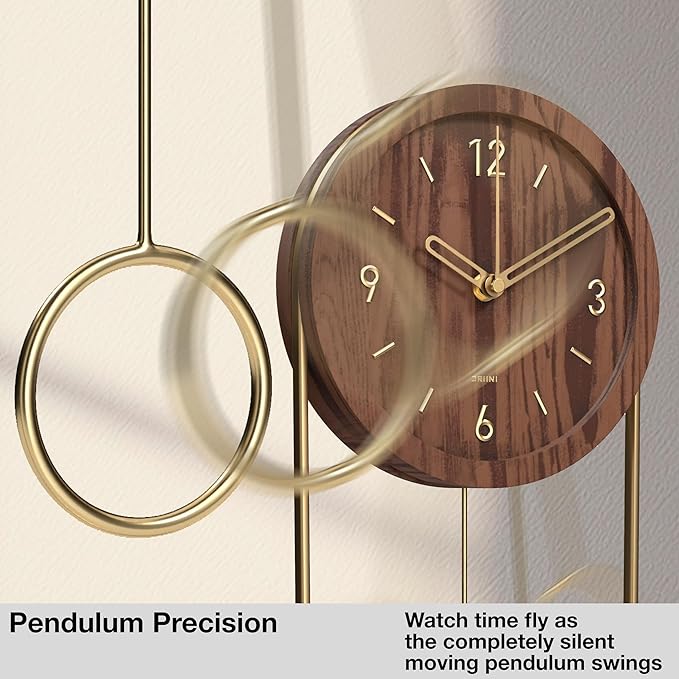 Driini Decorative Wall Clock with Pendulum (Dark) – Modern Wood, 3D Gold Numbers, Metal Frame – Small, Unique Wall Clocks for Living Room Decor or Bathroom - Battery Operated, Silent, Non-Ticking