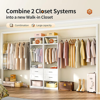 78.7" H Metal Closet System with 2 Drawers, 4.6-7.8 FT Closet Organizer with 5 Hanging Rods, Walk In Closet Organizer System, Built-in Wardrobe Clothes Rack