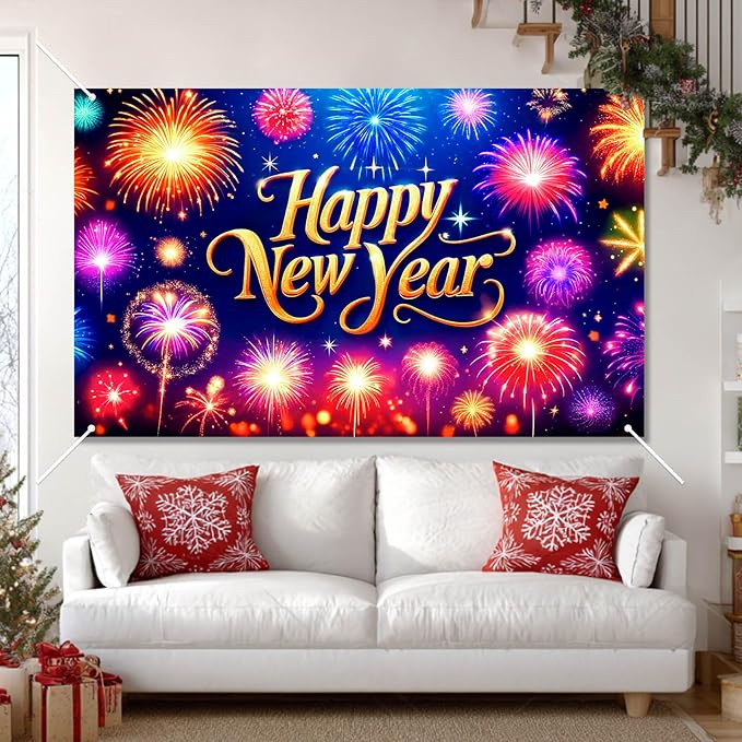 Happy New Year Banner 2026 71 x 43 Inch Fireworks Photo Backdrop Colorful New Year Eve Party Wall Decoration Banner for Indoor Outdoor Celebration Home Event Decor