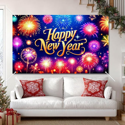 Happy New Year Banner 2026 71 x 43 Inch Fireworks Photo Backdrop Colorful New Year Eve Party Wall Decoration Banner for Indoor Outdoor Celebration Home Event Decor