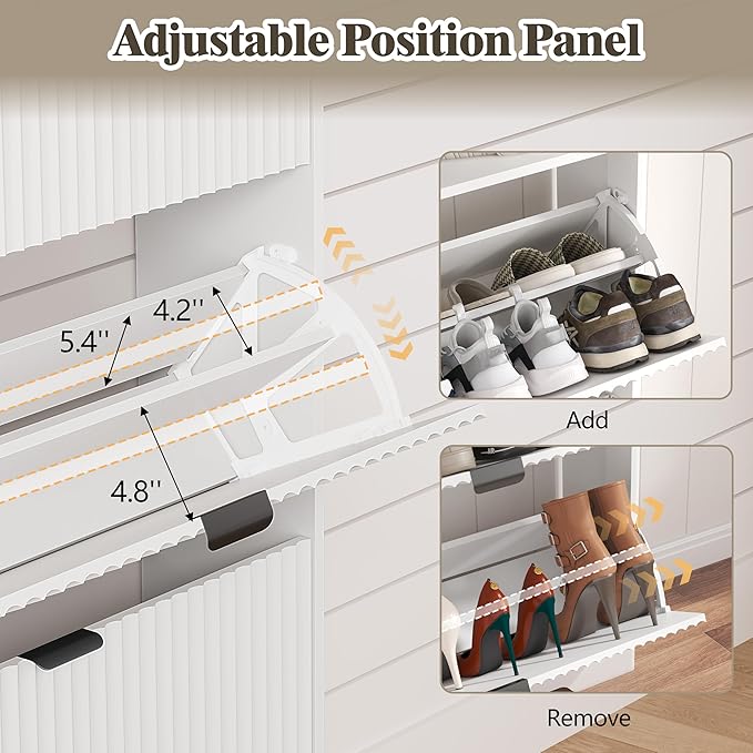 Shoe Cabinet Storage for Entryway with 2 Flip Drawers, Fluted Narrow Shoe Organizer with Wooden Legs, Freestanding Slim Shoe Storage Hidden Shoe Rack Organizer for Front Door Entrance, White