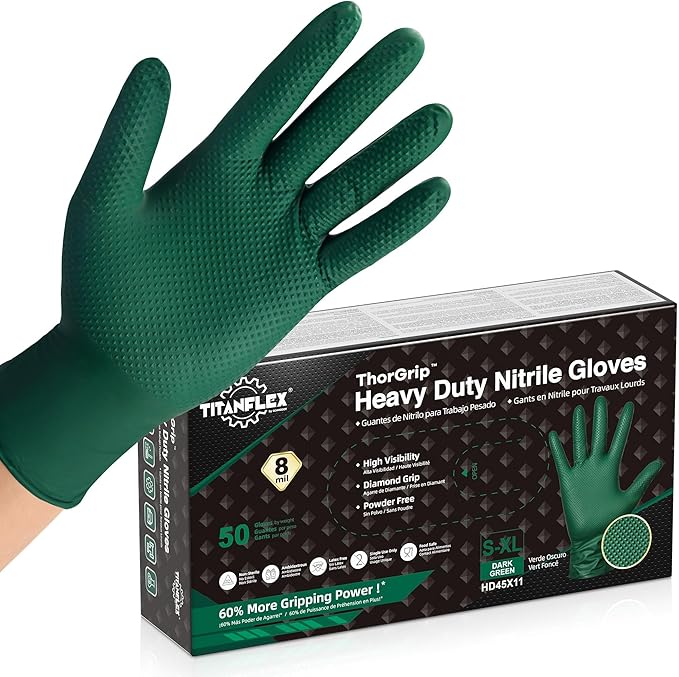 TitanFlex Heavy Duty Industrial Nitrile Gloves with Raised Diamond Texture, 8-mil, Latex Free, Powder Free (Green/Dark Green)