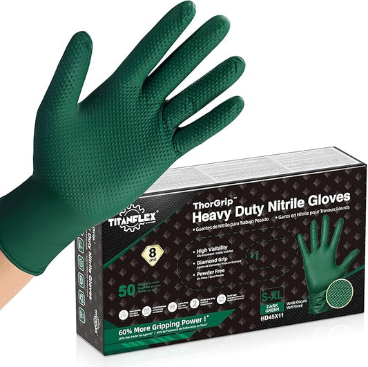 TitanFlex Heavy Duty Industrial Nitrile Gloves with Raised Diamond Texture, 8-mil, Latex Free, Powder Free (Green/Dark Green)