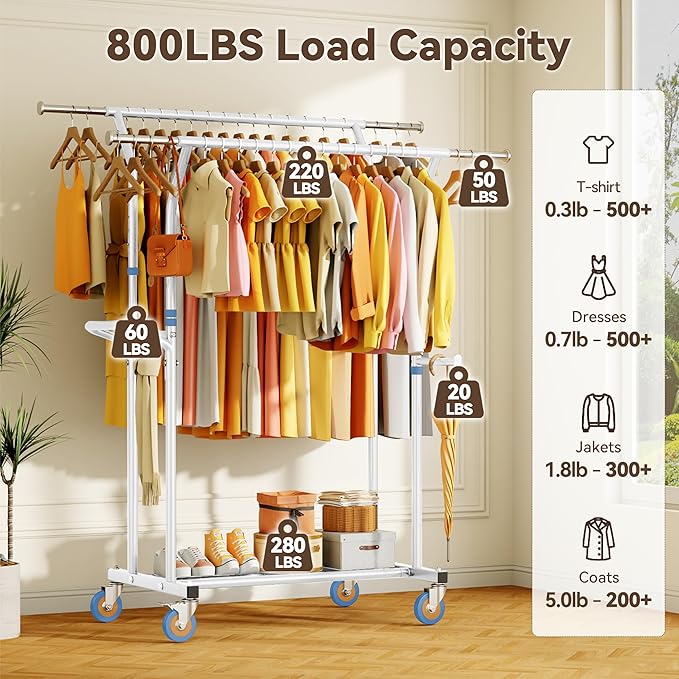 Heavy Duty Clothes Rack for Hanging Clothing: Rolling Coat Racks Poartable Garment with Wheels Freestanding Sturdy Metal Adjustable Extendable with Shelves Bedroom Laundry Living Room