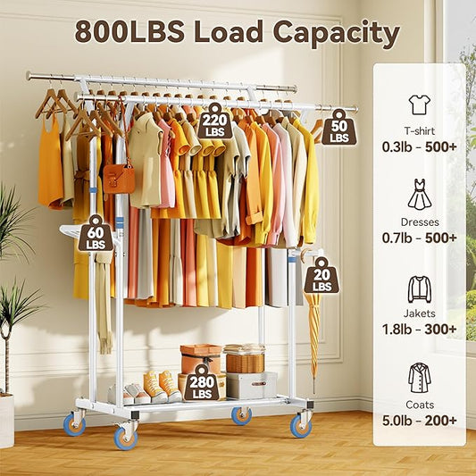 Heavy Duty Clothes Rack for Hanging Clothing: Rolling Coat Racks Poartable Garment with Wheels Freestanding Sturdy Metal Adjustable Extendable with Shelves Bedroom Laundry Living Room