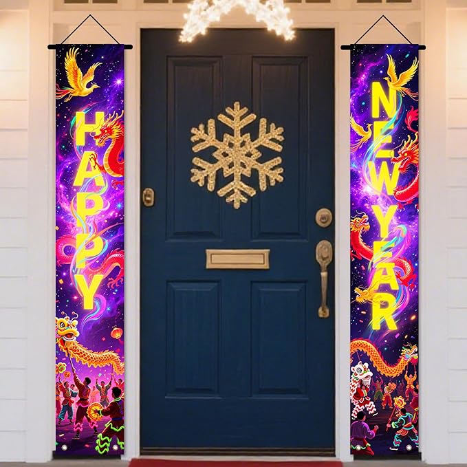 Nuxovilar Happy New Year Banner, 70.86" x 11.81" Purple Gold Fireworks Hanging Decorations for Outdoor Indoor Home Wall