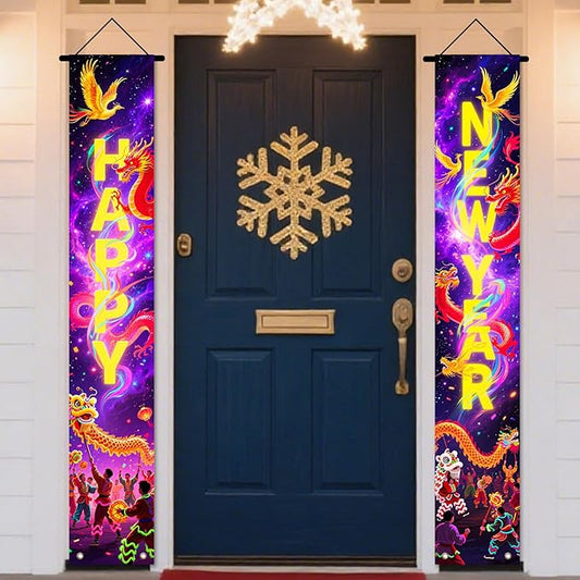 Nuxovilar Happy New Year Banner, 70.86" x 11.81" Purple Gold Fireworks Hanging Decorations for Outdoor Indoor Home Wall